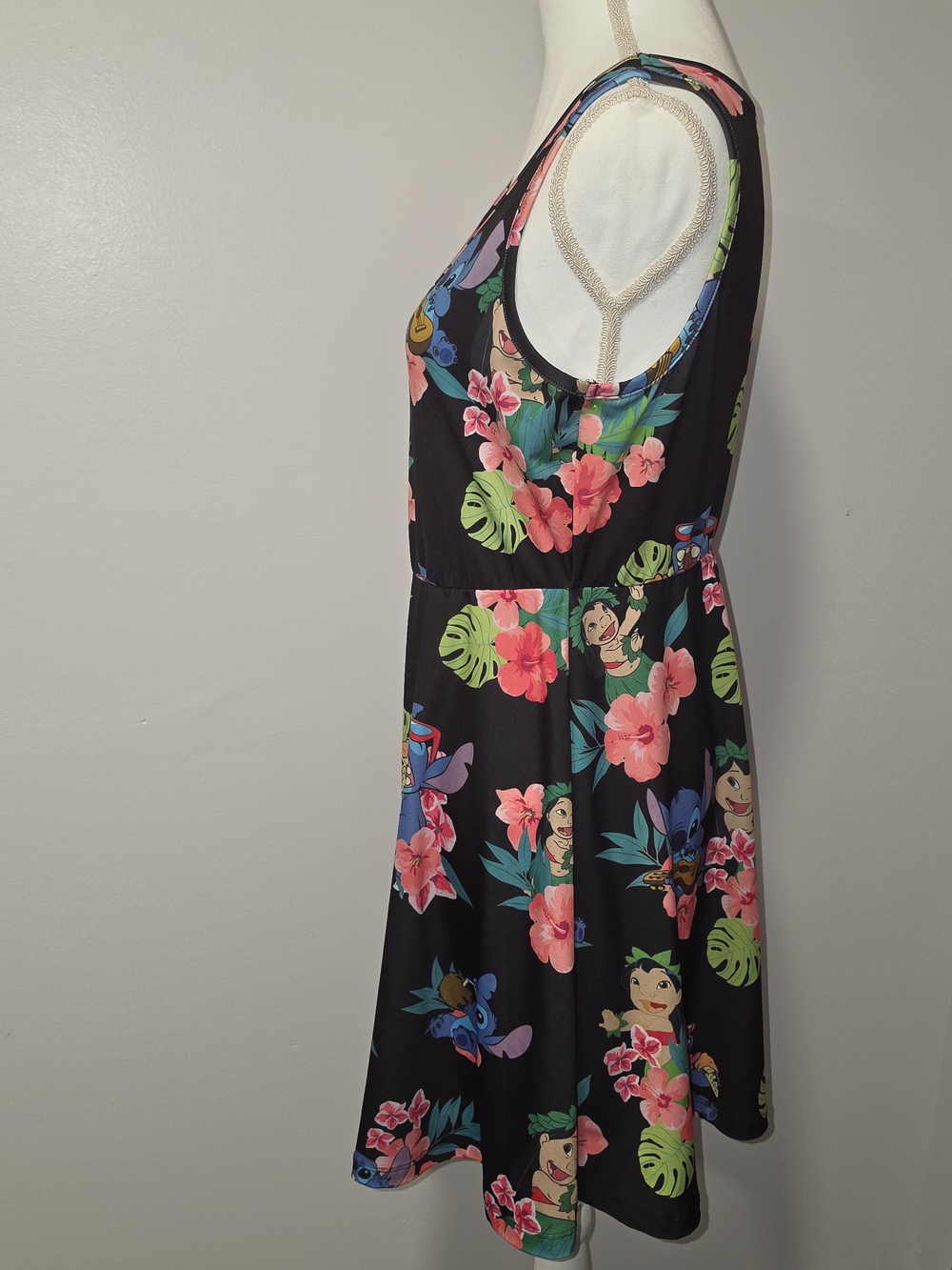 Disney Lilo & Stitch Black Tropical Scoop Neck Stretchy Mini Dress Womens XL - Picture 3 of 7